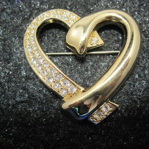 FLASH SALE Swarovski Swan Signed Goldtone with clear crystals Heart Brooch